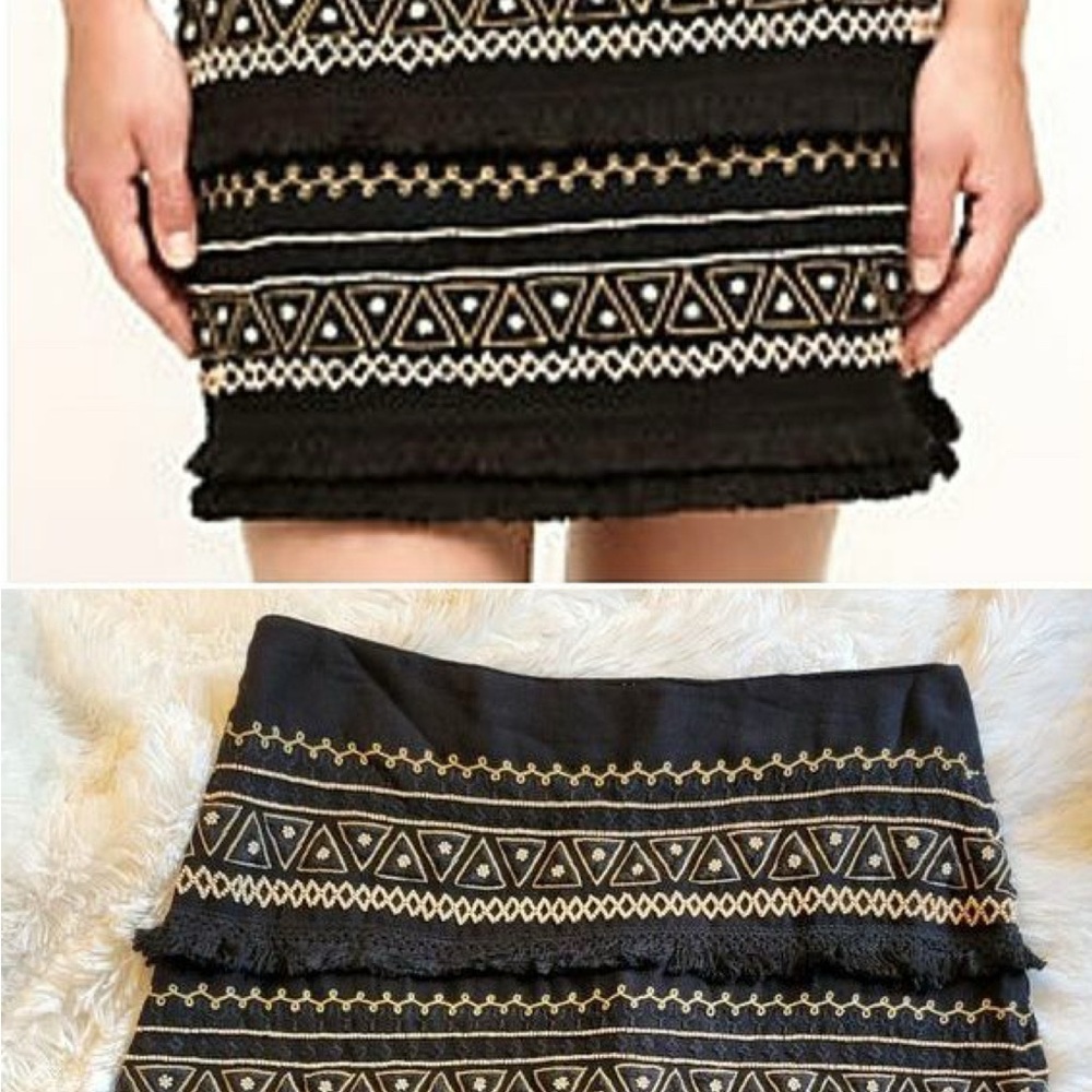 Chloe Oliver Beaded Black and CreamPatterned Fringed Cotton Skirt Large BohoChic